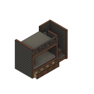 Könnte beinhalten: Ein Holz-Hochbett mit Leiter und Stauraumschubladen. Das Bett ist in dunkelgrau lackiert mit braunen Holzakzenten.