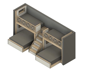 Double Split Bunk Bed with Stairs - Twin Upper/ Queen Lower  - Bed with Storage Drawers - DIY Build Plans - Metric Build Plans - Plan #067
