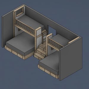 May include: An isometric digital rendering of a room layout featuring two bunk bed units connected by a central staircase. Each bunk bed has a light wood frame, dark gray mattresses, and integrated storage drawers at the base of the lower beds.