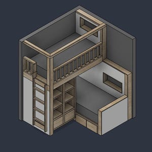 May include: An isometric digital rendering of a wooden loft bed structure featuring a top bunk with a railing, a vertical ladder, and an integrated lower level with open shelving units and a lower sleeping area with two storage drawers underneath.