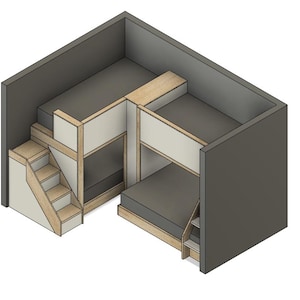 May include: A set of bunk beds with a built-in ladder and a gray wall behind them. The beds are made of wood and have a white finish. The ladder is made of wood and has a natural finish.