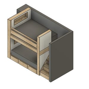 May include: Isometric view of a bunk bed with a gray mattress and wooden frame. The bed has a built-in staircase and a small shelf. The exterior walls are gray.