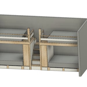 May include: A set of bunk beds with a built-in ladder and storage shelves. The beds are made of wood and have a gray mattress. The beds are against a gray wall.