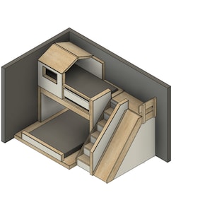 May include: A wooden bunk bed with a house-shaped top bunk and a slide attached to the bottom bunk. The bed is painted white and has a natural wood finish.