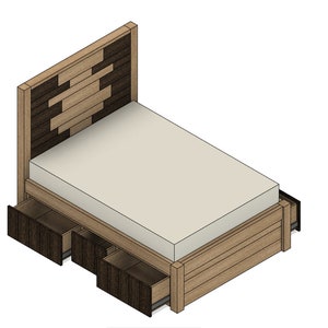 May include: A wooden bed frame with a headboard made of alternating light and dark wood planks. The bed has three drawers underneath the mattress.
