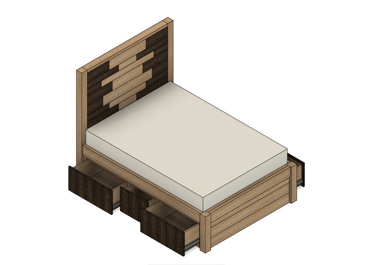 May include: A wooden bed frame with a headboard made of alternating light and dark wood planks. The bed has three drawers underneath the mattress.