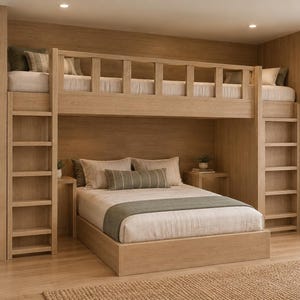 May include: A light wood bunk bed unit featuring a lower queen-sized bed and an upper twin-sized bed. The structure includes two integrated vertical ladders on the sides, a protective railing for the top bunk, and two small bedside tables.
