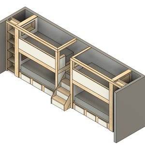 May include: Isometric view of a custom-built bunk bed unit. The design features two bunk beds, a staircase, and built-in storage. The structure is primarily light wood with white and gray accents, showcasing a modern and space-saving design.