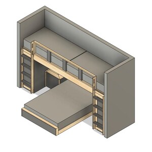 May include: Isometric view of a bunk bed with a desk underneath. The bed frame is made of light-colored wood, with a gray mattress. A ladder is on each side of the top bunk. The walls are gray.
