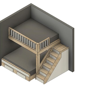 May include: Isometric view of a bunk bed design. The bed has two levels with a wooden frame and a staircase for access. The mattresses are gray, and the surrounding walls are gray and white.