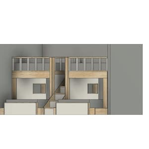 May include: A 3D rendering of a room with two sets of bunk beds. Each set has a wooden frame with a railing and a small window. The beds are in a light wood color and the walls are gray.