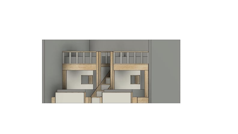 May include: A 3D rendering of a room with two sets of bunk beds. Each set has a wooden frame with a railing and a small window. The beds are in a light wood color and the walls are gray.