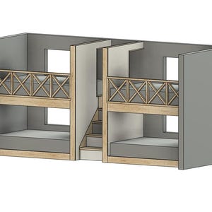 May include: A white and gray bunk bed with a wooden ladder and railings. The bed has two mattresses and is designed to fit into a corner of a room.