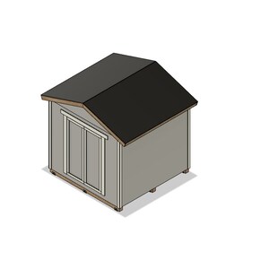May include: A grey shed with a black roof and a double door. The shed has a simple design and is made of wood.