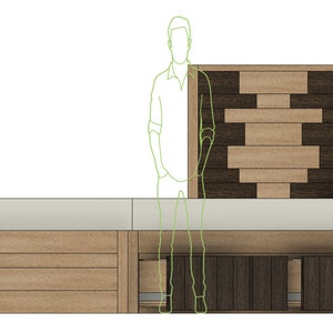 May include: A wooden bed frame with a headboard featuring a geometric pattern of light and dark wood. The bed has storage drawers underneath.