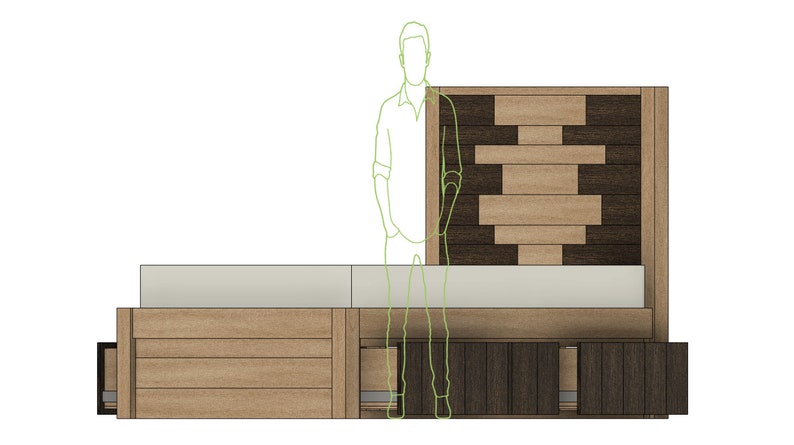 May include: A wooden bed frame with a headboard featuring a geometric pattern of light and dark wood. The bed has storage drawers underneath.