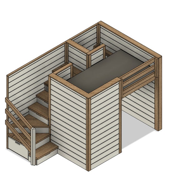 Plan de construction DIY - mezzanine double avec escalier, rangement, bureau, étagère et échelle - Plan #069
