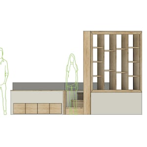 May include: A wooden bookshelf with a light wood finish and a white background. The bookshelf has a grid pattern with multiple shelves. The bookshelf is approximately 1.8 metres tall and 0.9 metres wide.