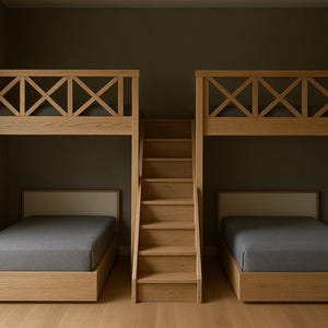 May include: A contemporary bunk bed arrangement with two beds and a central staircase. The beds have light wood frames and grey mattresses. The upper bunks feature a decorative wooden railing. The room has a neutral colour palette.