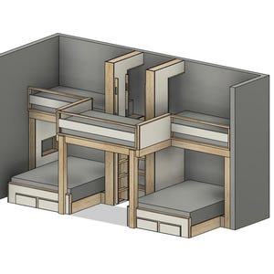 May include: A 3D model of a bunk bed with four beds, two on top and two on the bottom. The beds are made of wood and have a white finish. The beds are arranged in a square shape, with the top beds facing each other.