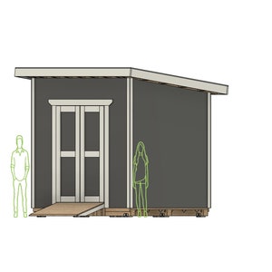 Puede incluir: Un cobertizo gris con un techo blanco y una rampa de madera que conduce a las puertas dobles. El cobertizo es aproximadamente del tamaño de una persona.