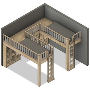 May include: A wooden bunk bed with two twin-sized beds, one above the other. The top bed has a ladder on the right side and the bottom bed has a ladder on the left side. Both beds have a railing around the edge. The beds are made of natural wood and have a light brown finish.