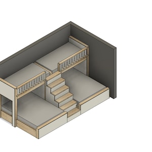 Twin Upper/Queen Lower Double Bunk Bed - Bunk Bed with Stairs - Plan #079 - Metric dimensions -DIY Build Plans