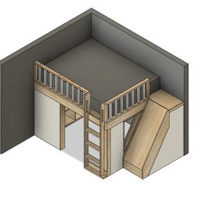 Queen Loft mit Treppe, Leiter und Regalboden - Bett mit Aufbewahrung - DIY Baupläne - Plan #133