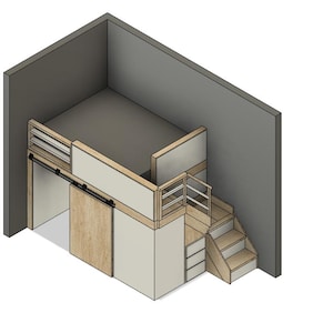 Peut inclure: Un lit mezzanine blanc et bois avec une porte coulissante et un escalier. Le lit est dans une pièce aux murs gris.