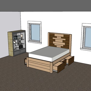 May include: A wooden bed frame with a headboard made of light and dark wood planks. The bed has three drawers underneath the mattress. The bed is in a room with two windows and a bookshelf.