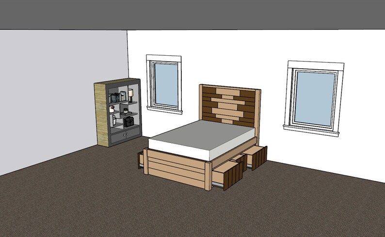 May include: A wooden bed frame with a headboard made of light and dark wood planks. The bed has three drawers underneath the mattress. The bed is in a room with two windows and a bookshelf.