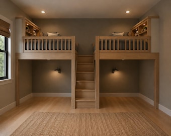 Side by Side Full Loft Bed Plans | DIY Built-In Loft Bed PDF | Digital Woodworking Plans | Build Plan #262