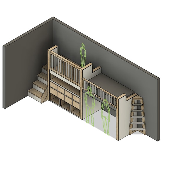 Plans de construction à faire soi-même - Lit mezzanine simple avec espace de rangement surélevé - Loft avec escalier - Lit avec tiroirs de rangement