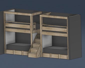 Quad Twin XL Bunk Bed with Middle Staircase and Storage - DIY Build Plan #247