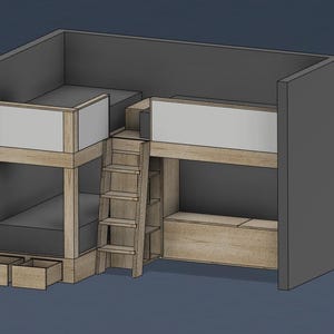 May include: A modern bunk bed design with a gray frame, light wood accents, and a built-in ladder. The beds have gray mattresses and white headboards. Two small drawers are located at the base of the bed.