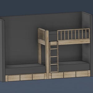 May include: A light wood bunk bed unit featuring a lower bed and an upper bed with a safety railing and a vertical ladder. The structure includes integrated storage drawers beneath both lower sleeping areas, set against a dark gray wall panel.