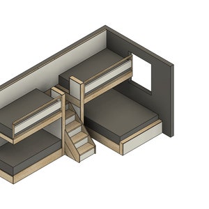 May include: A set of bunk beds with a ladder and a built-in wall. The beds are made of wood and have a light brown finish. The wall is painted white and has a dark gray trim.