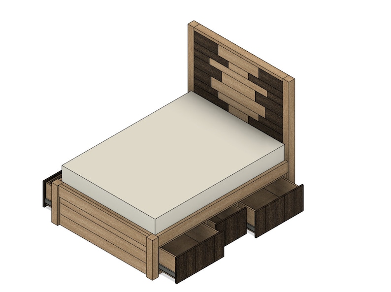 May include: A wooden bed frame with a headboard made of stacked wood planks in two shades of brown. The bed has three drawers underneath the mattress.