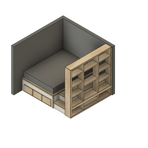 Puede incluir: Una representación 3D de un dormitorio con una cama y una estantería empotrada. La cama tiene un colchón gris y una cabecera blanca. La estantería está hecha de madera y tiene varios estantes. La habitación está pintada de gris.