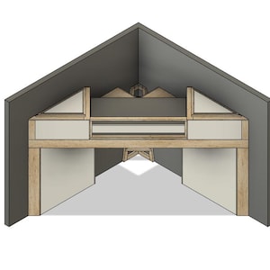 May include: A wooden loft bed with a built-in desk and shelves. The bed is positioned in a corner of a room and has a gray wall behind it.
