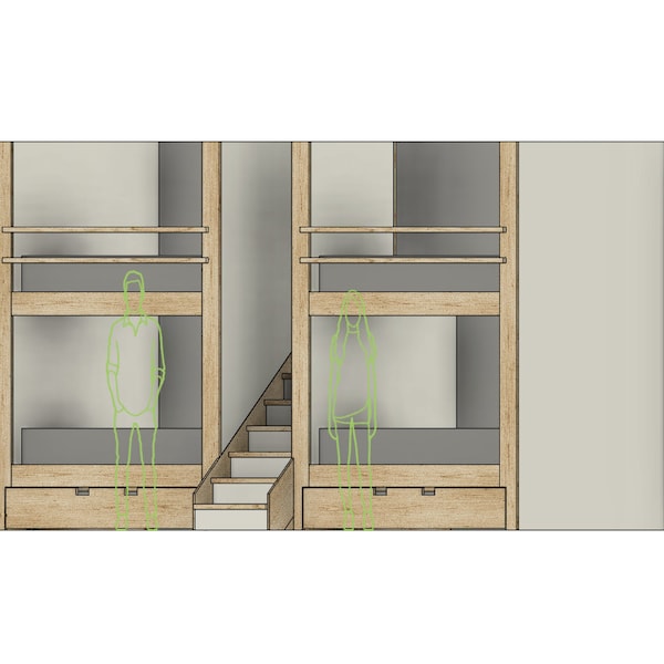 DIY Build Plans - Side-by-Side Bunk Bed for Full Mattresses, and Trundle Bed for Full Mattress - Bunk Bed with Stairs - Six Bed Layout