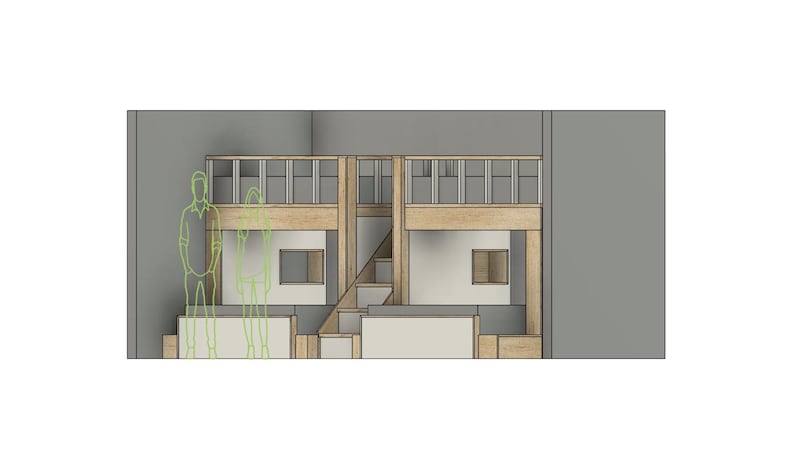 May include: A wooden bunk bed with a ladder and railings. The bed is in a room with gray walls.
