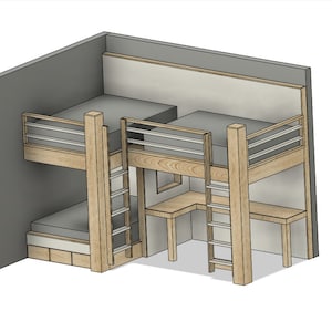 May include: A wooden bunk bed with a built-in desk and ladder. The bed is made of light wood and has a gray mattress. The desk is also made of light wood and has a white surface. The ladder is made of light wood and has a gray railing.