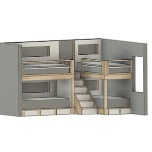 Puede incluir: Una litera blanca y gris con una escalera incorporada y cajones de almacenamiento. La cama tiene un marco de madera y un colchón gris.