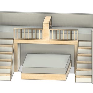 May include: A light wood and gray bunk bed design. The bed features two upper sleeping areas with a railing, accessible by stairs on either side. A lower bed is positioned beneath the upper level.