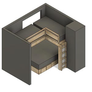 May include: Isometric view of a bunk bed design. The bed frame is a dark gray color, with a light wood-colored ladder and bed frame accents. The mattresses are a darker gray color.