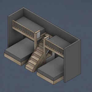 May include: Isometric illustration of a triple bunk bed design. The beds are gray with wooden frames and are arranged in a three-level configuration. A wooden staircase provides access to the upper bunks, and each upper bunk has a wooden railing.