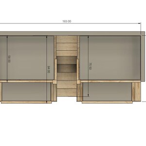 May include: Top view of a wooden storage unit with two compartments, each measuring 56 inches wide and 75.5 inches tall. The unit is 81.75 inches high and 183 inches wide.