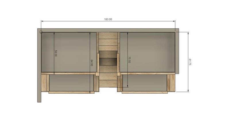 May include: Top view of a wooden storage unit with two compartments, each measuring 56 inches wide and 75.5 inches tall. The unit is 81.75 inches high and 183 inches wide.