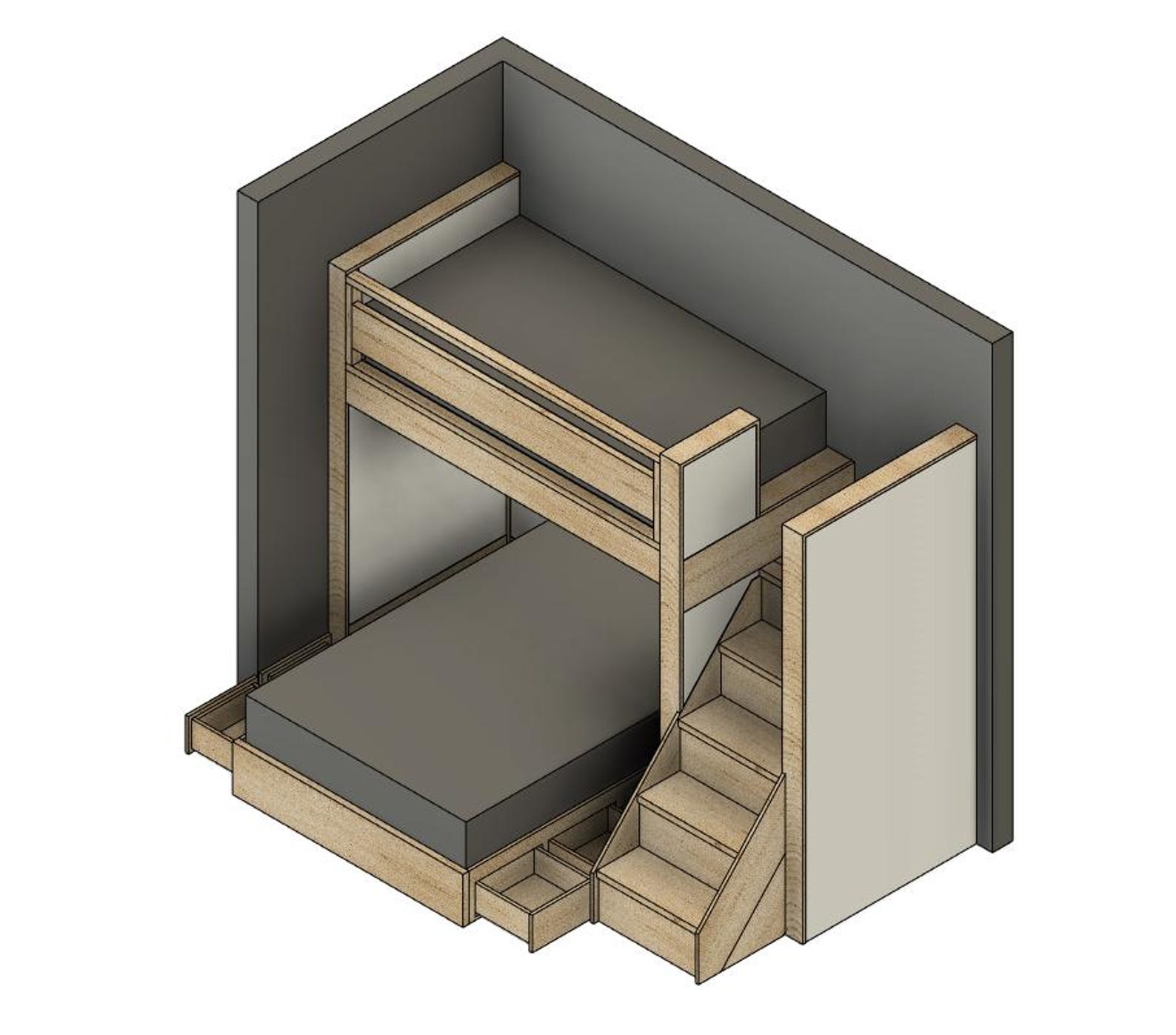 DIY Build Plans - Split Bunk Bed With Stairs - Twin Upper, Full Lower ...